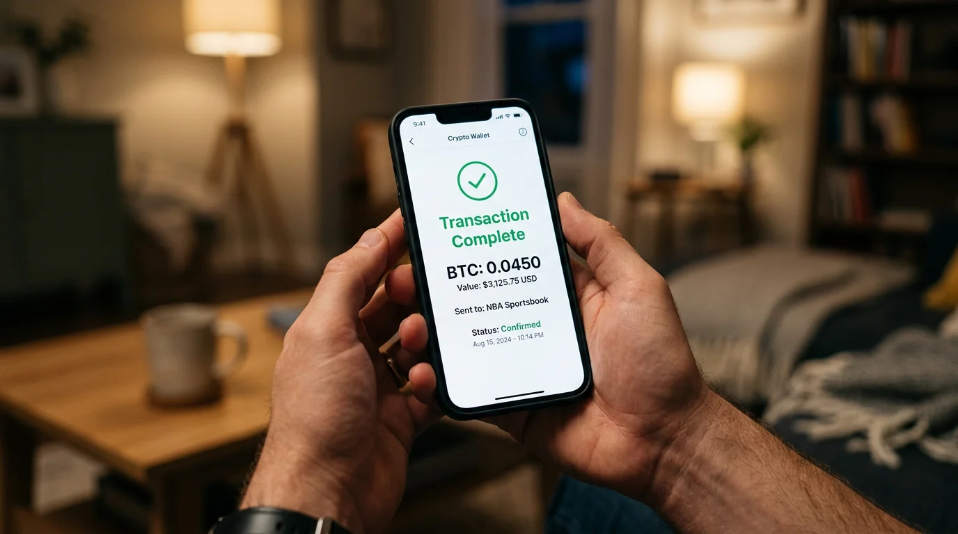 Smartphone displaying cryptocurrency wallet with Bitcoin transaction confirmation for NBA betting