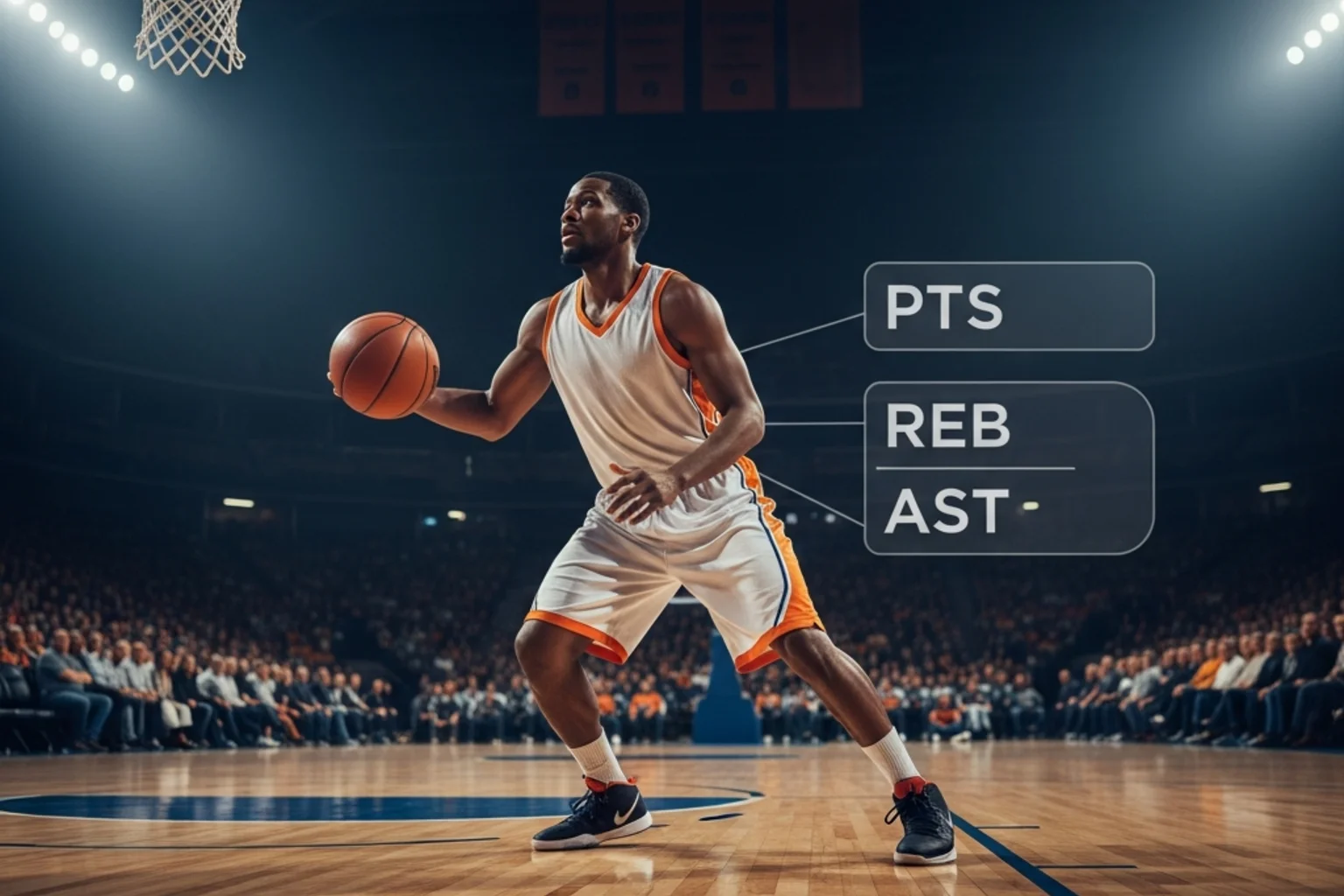 Basketball player on court with overlaid statistics showing points, rebounds and assists markets