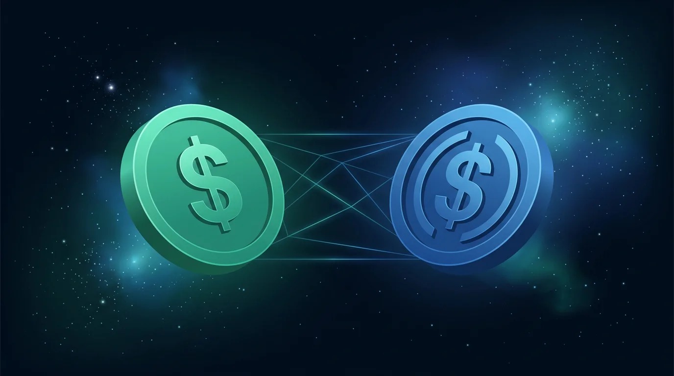 Digital representation of USDT and USDC stablecoin tokens with dollar symbol indicating price stability