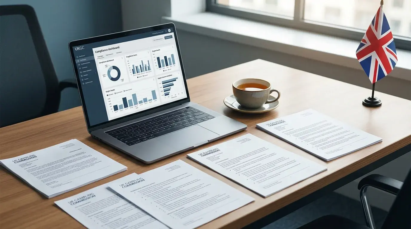 UK regulatory documents and laptop showing cryptocurrency compliance framework for betting platforms